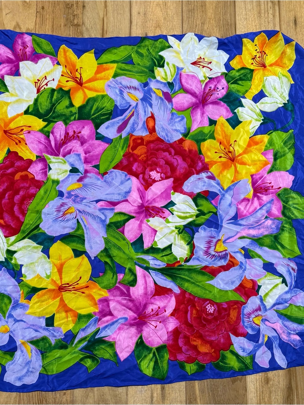 Usna brand Blue-Purple Floral Silk-Feel Square Scarf with Multicolor Blooms